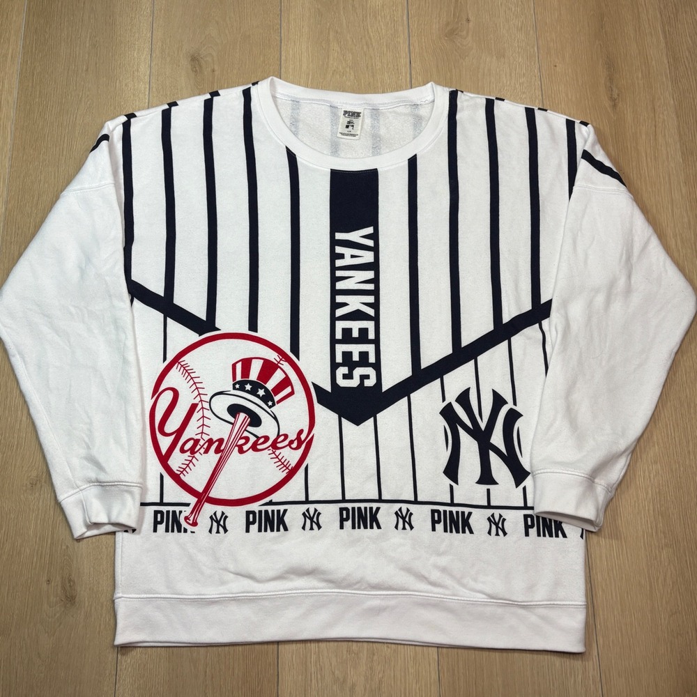 Victoria's Secret PINK New York Yankees Pinstripe Sweatshirt White Navy Large